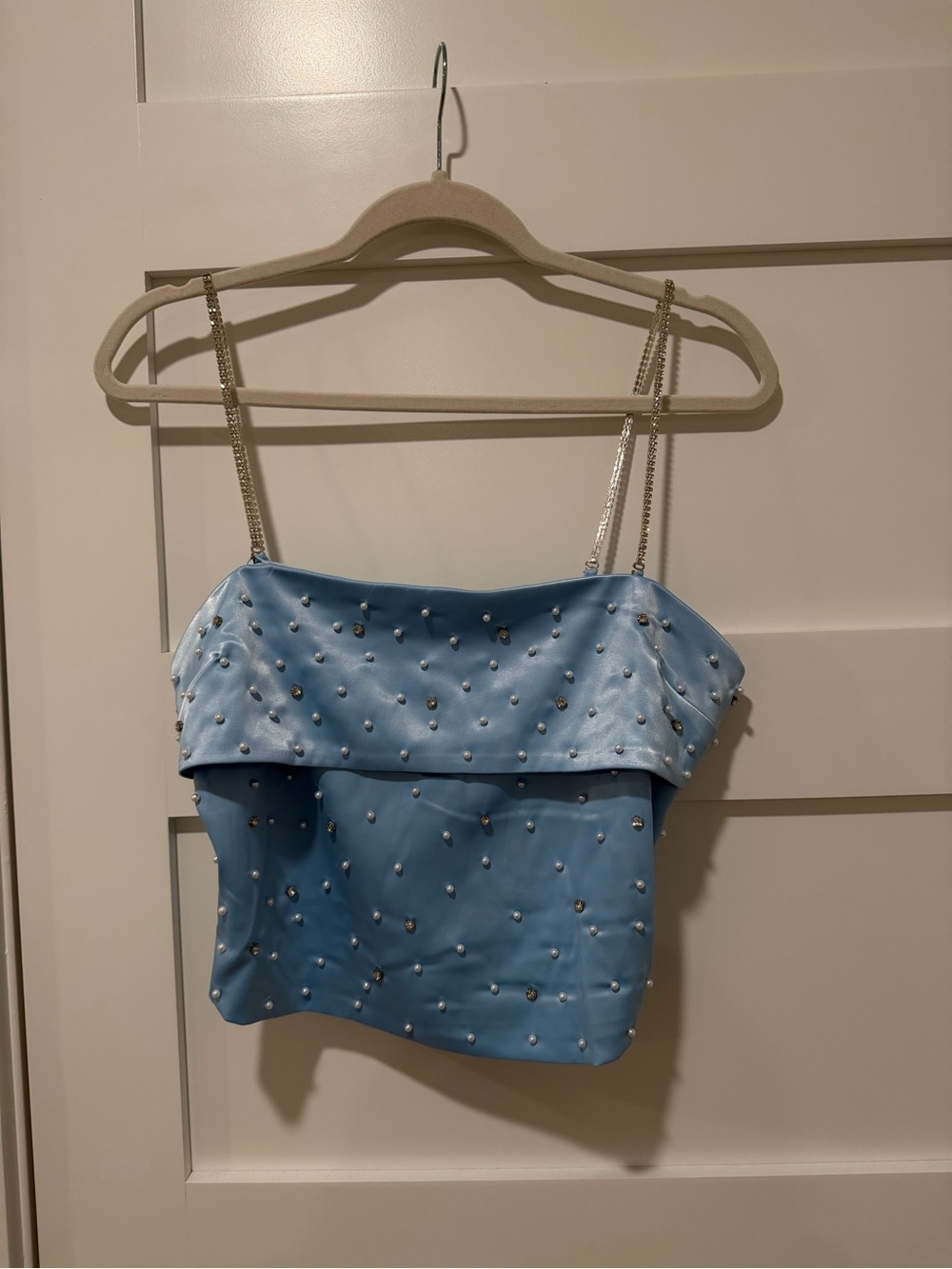 Satin Pearl-Embellished Blue Top with rhinestone Straps